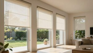 A contemporary living space featuring large, energy-efficient windows adorned with modern roller shades