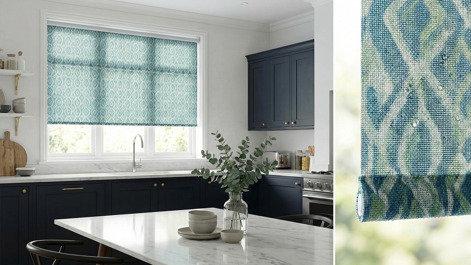 Kitchen roller shade in luxurious kitchen