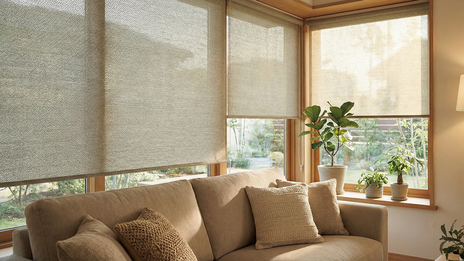 Light filtering roller shades partially drawn