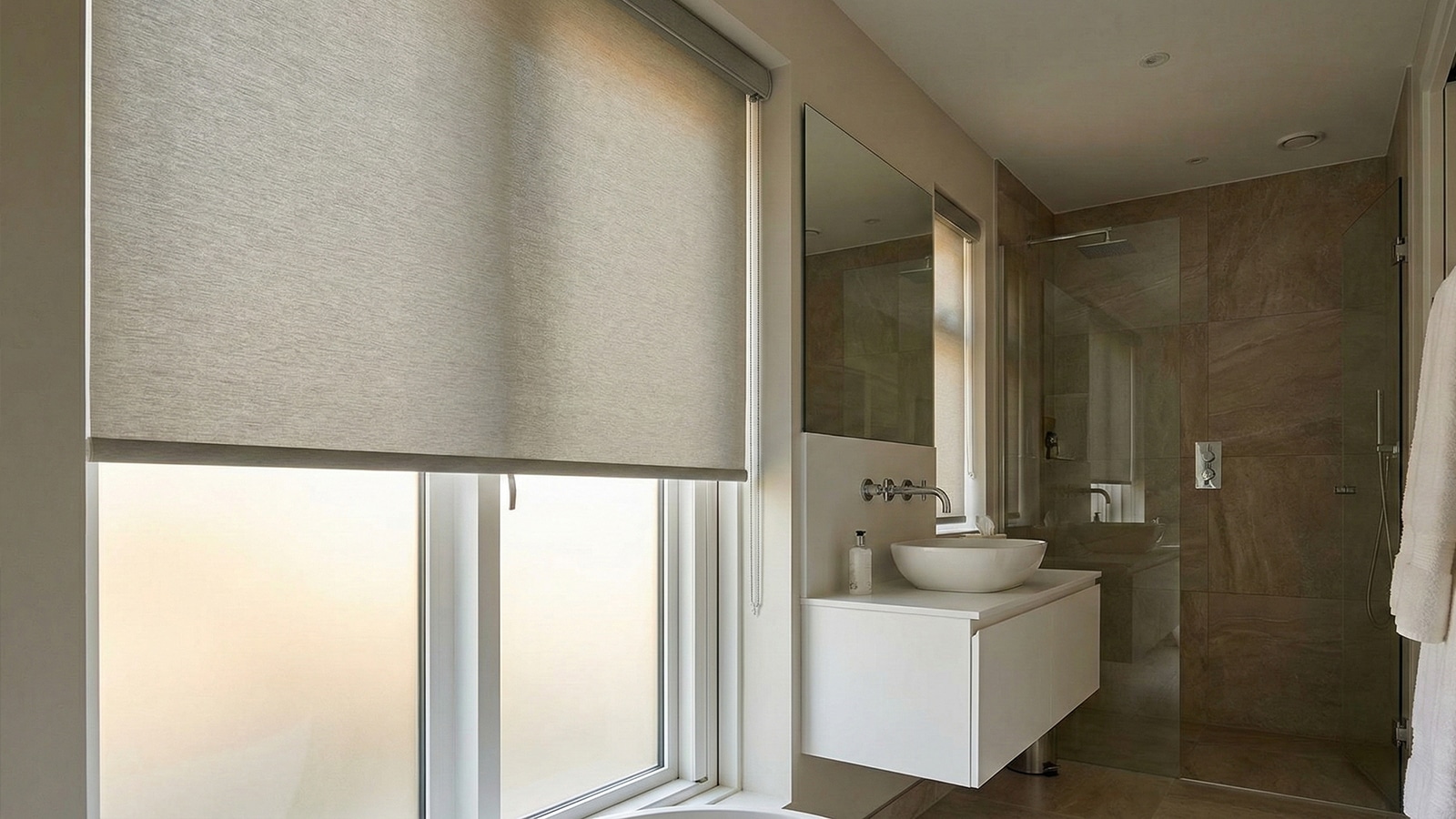 a modern bathroom featuring stylish cordless roller shades