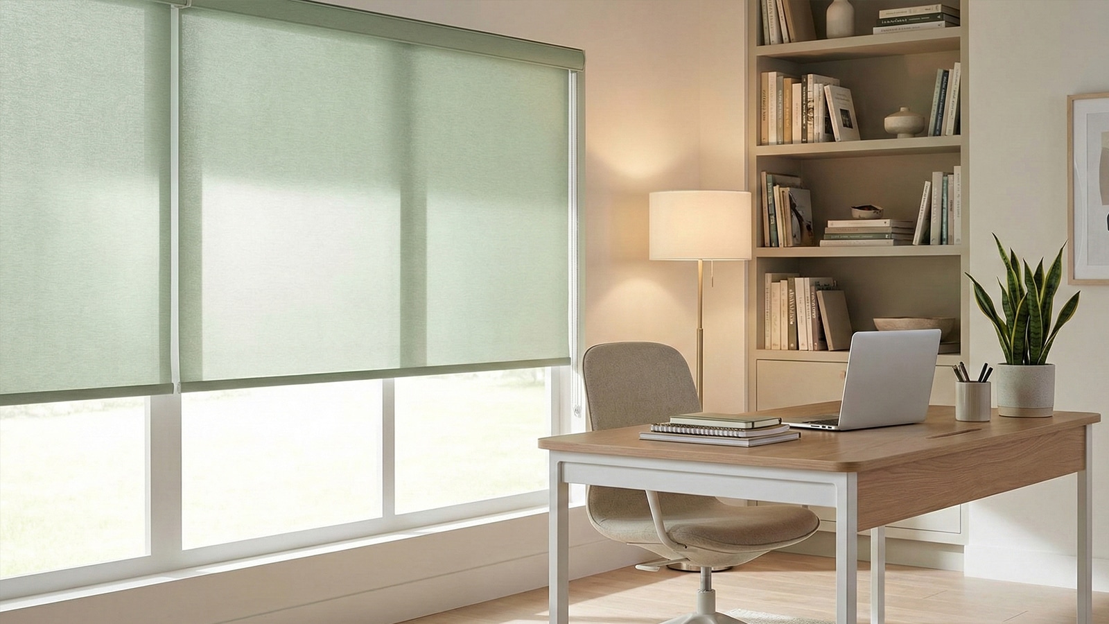 contemporary home office with custom roller shades