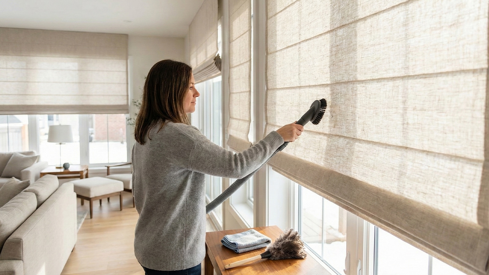 Woman cleaning fabric window shades