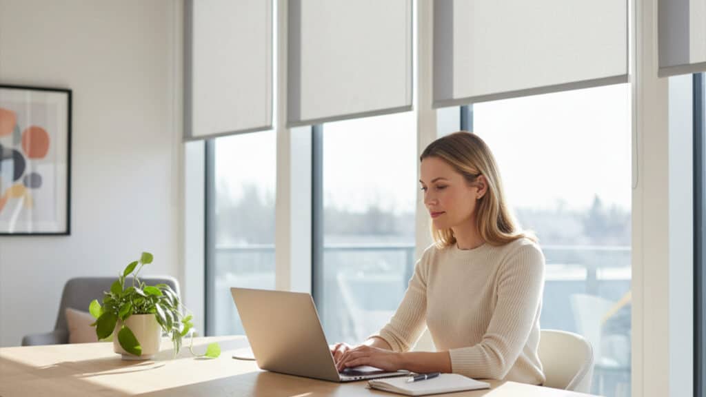 Woman working with motorized roller shades on the windows