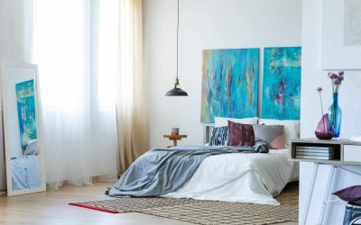 Blue and purple accents in stylish bedroom